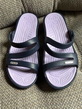 CROCS Women's Triple-Strap Slides in Lavender and Navy